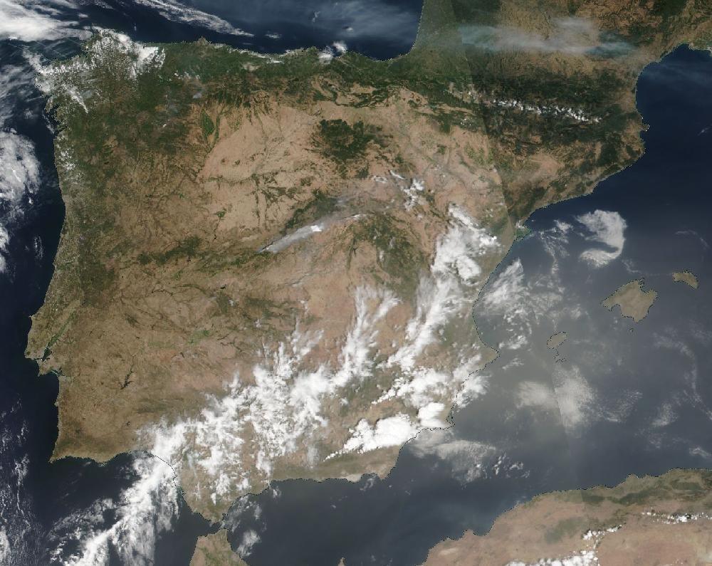 True-colour satellite image of the Iberian Peninsula and the Balearic Islands on 23 July 2026