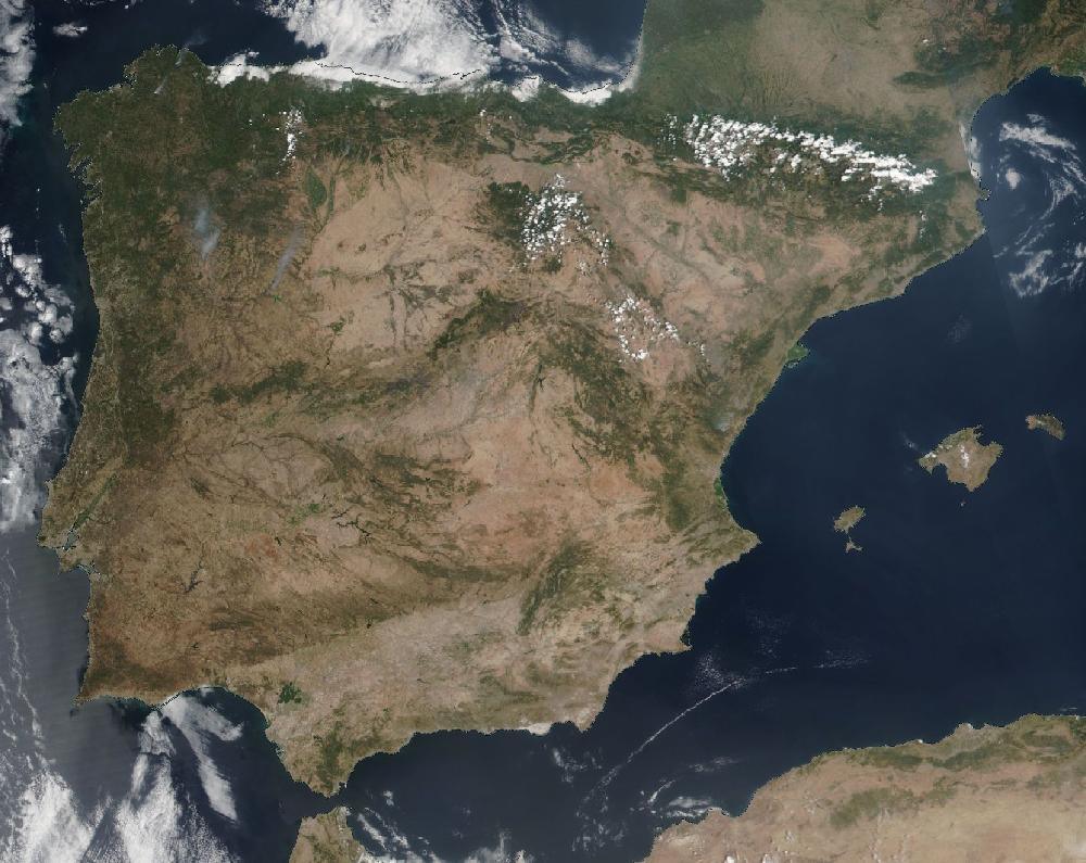 True-colour satellite image of the Iberian Peninsula and the Balearic Islands on 29 July 2026