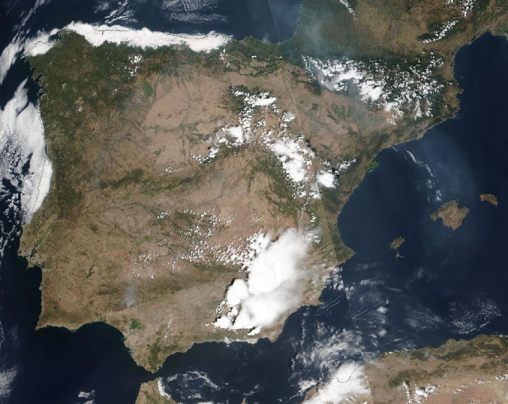 True-colour satellite image of the Iberian Peninsula and the Balearic Islands on 13 August 2026