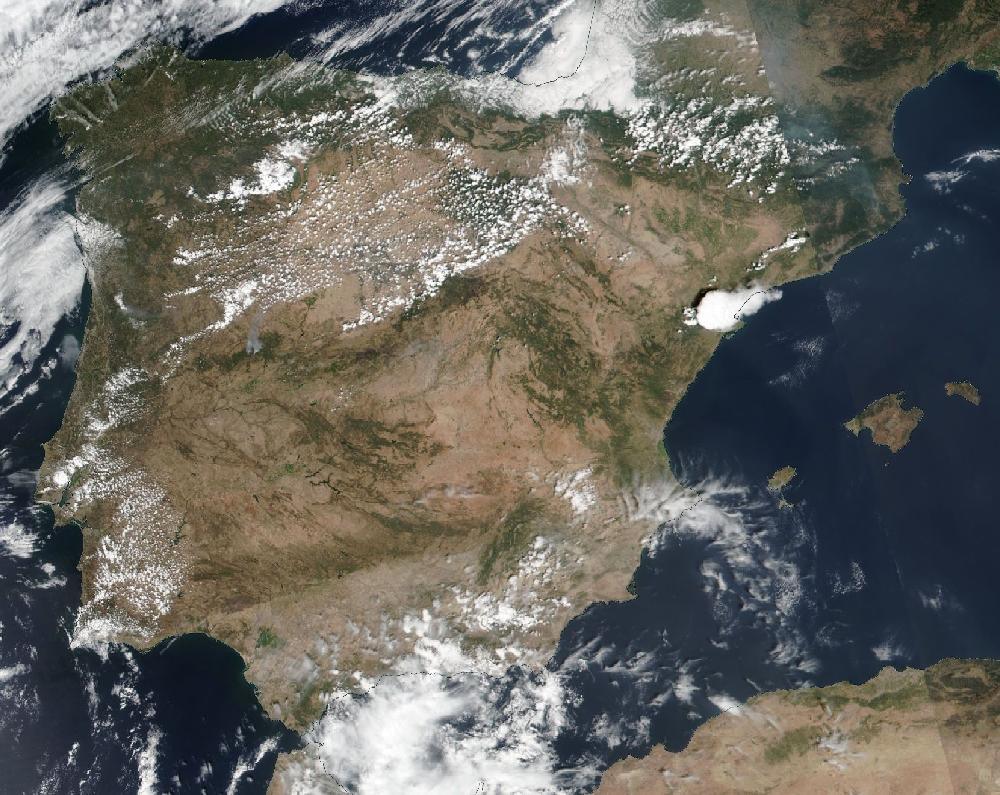 True-colour satellite image of the Iberian Peninsula and the Balearic Islands on 19 August 2026