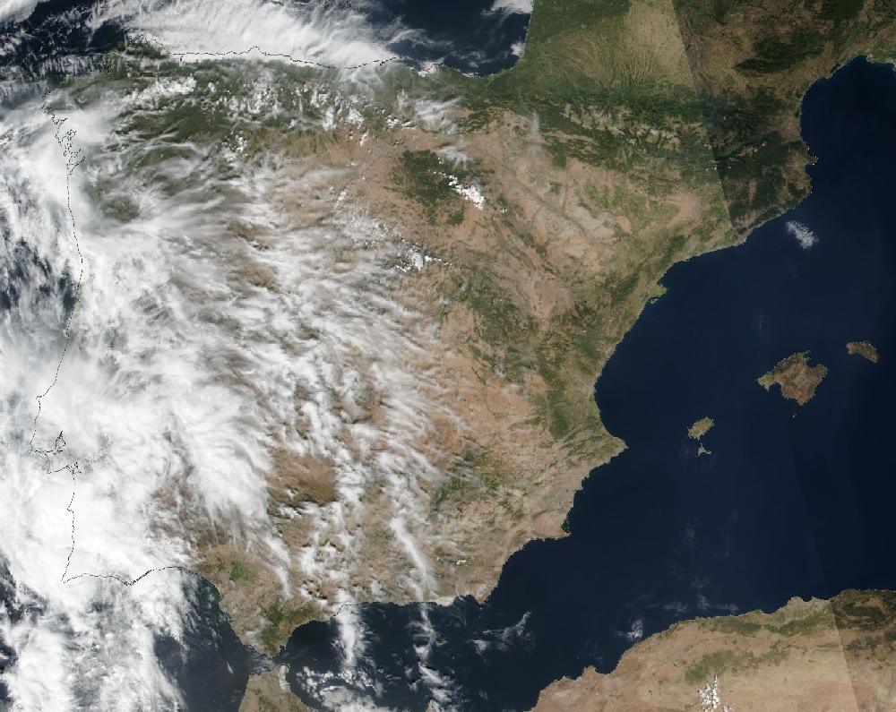True-colour satellite image of the Iberian Peninsula and the Balearic Islands on 4 September 2026