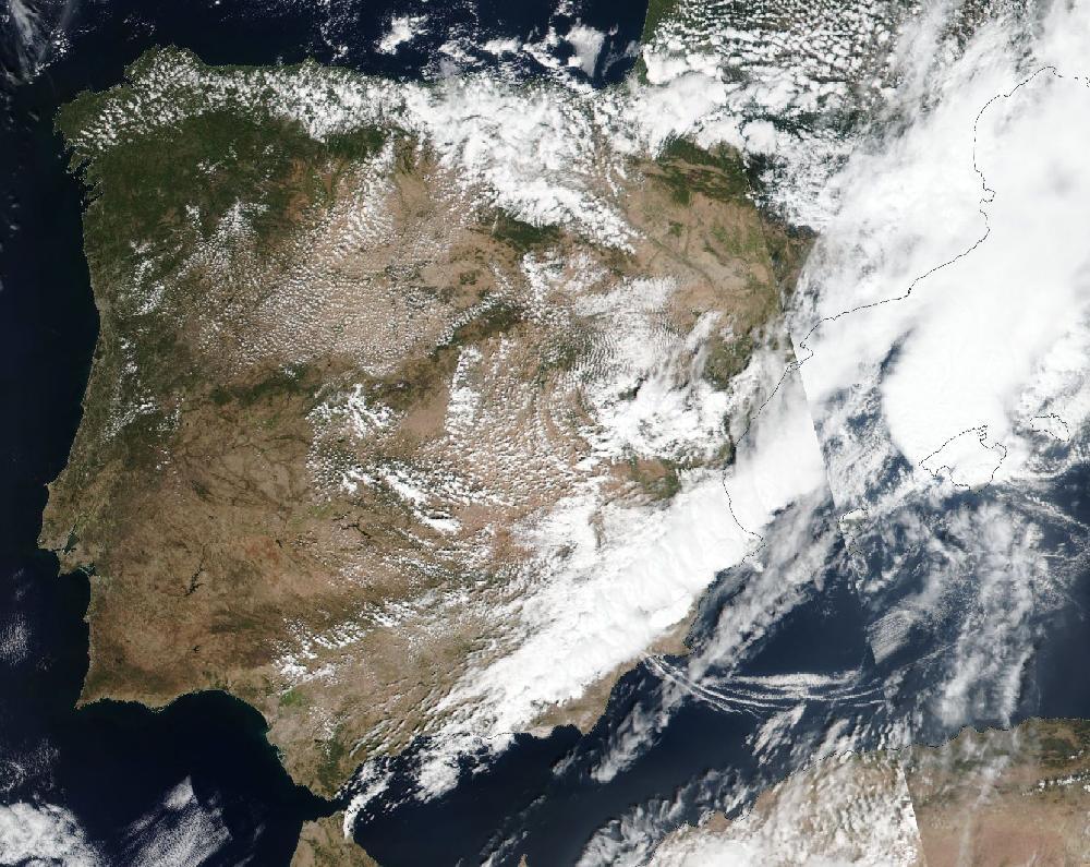 True-colour satellite image of the Iberian Peninsula and the Balearic Islands on 9 September 2026