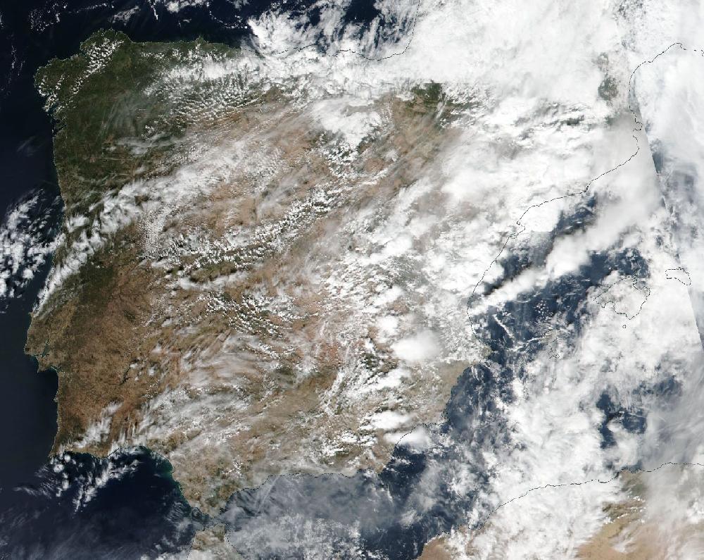 True-colour satellite image of the Iberian Peninsula and the Balearic Islands on 1 October 2026