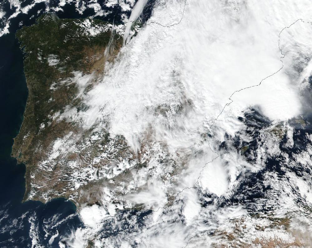 True-colour satellite image of the Iberian Peninsula and the Balearic Islands on 19 October 2026